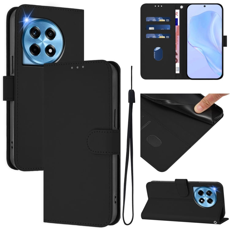 For OnePlus 12 5G Global Skin Feel Solid Color Leather Phone Case with Lanyard(Black) by buy2fix