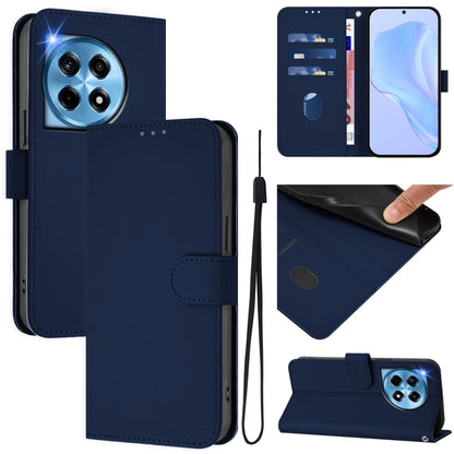 For OnePlus 12 5G Global Skin Feel Solid Color Leather Phone Case with Lanyard(Navy Blue) by buy2fix