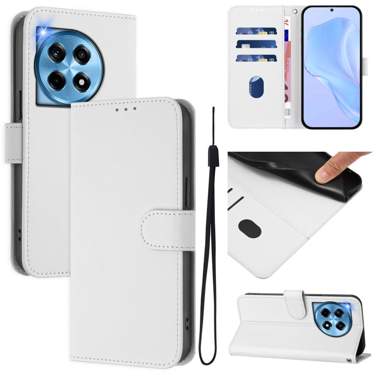 For OnePlus 12 5G Global Skin Feel Solid Color Leather Phone Case with Lanyard(White) by buy2fix
