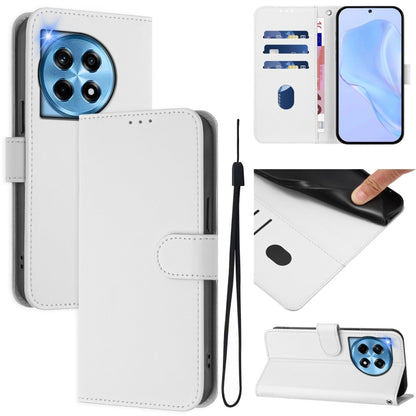 For OnePlus 12 5G Global Skin Feel Solid Color Leather Phone Case with Lanyard(White) by buy2fix