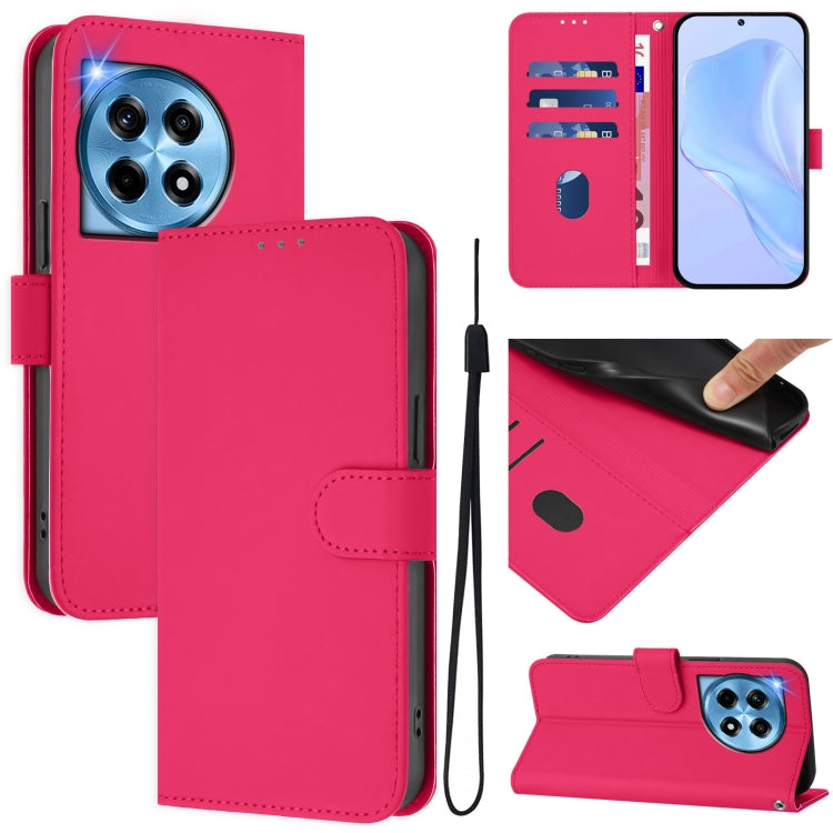 For OnePlus 12 5G Global Skin Feel Solid Color Leather Phone Case with Lanyard(Rose Red) by buy2fix
