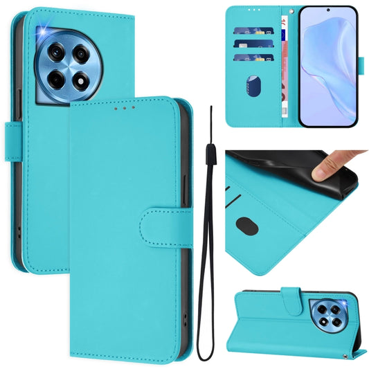 For OnePlus 12 5G Global Skin Feel Solid Color Leather Phone Case with Lanyard(Lake Blue) by buy2fix