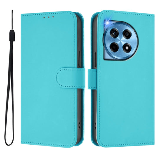 For OnePlus 12 5G Global Skin Feel Solid Color Leather Phone Case with Lanyard(Lake Blue) by buy2fix