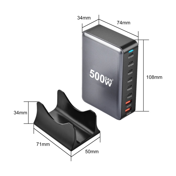 500W GaN 6 Type-C 2 USB Multi Ports Sharing Desktop Charger, Plug:US Plug(Grey) - Multifunction Charger by buy2fix | Online Shopping UK | buy2fix