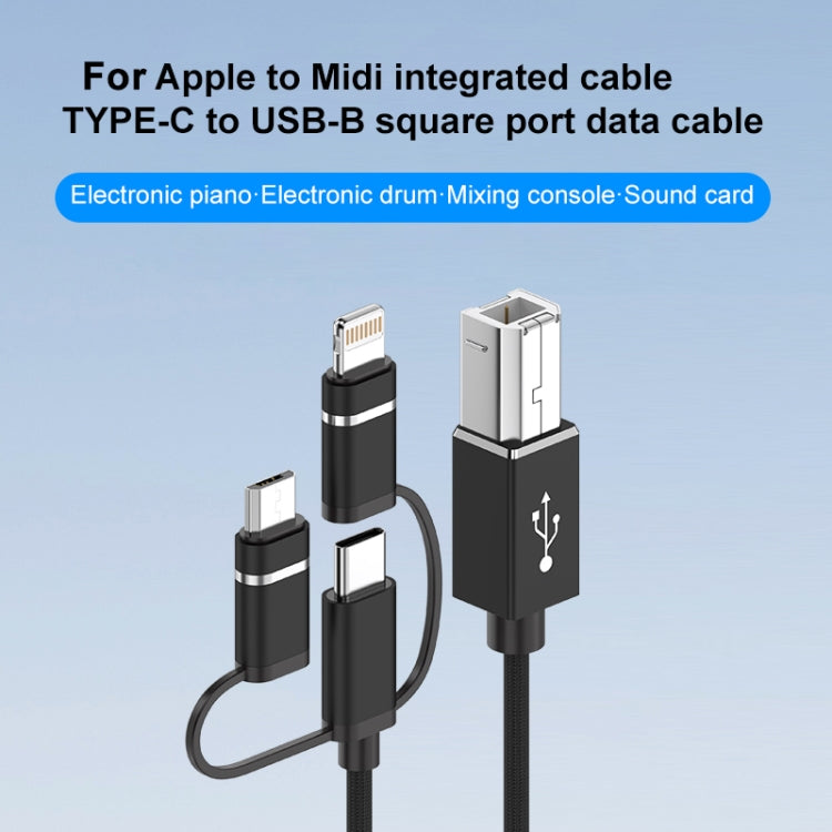3 in 1 8 Pin, Type-C, Micro USB to USB-B MIDI Instruments Printer Cable, Length: 1m, Length:1m(Silver) - Multifunction Cable by buy2fix | Online Shopping UK | buy2fix