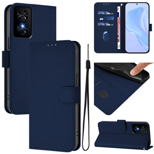 For TCL 50 SE Skin Feel Solid Color Leather Phone Case with Lanyard(Navy Blue)