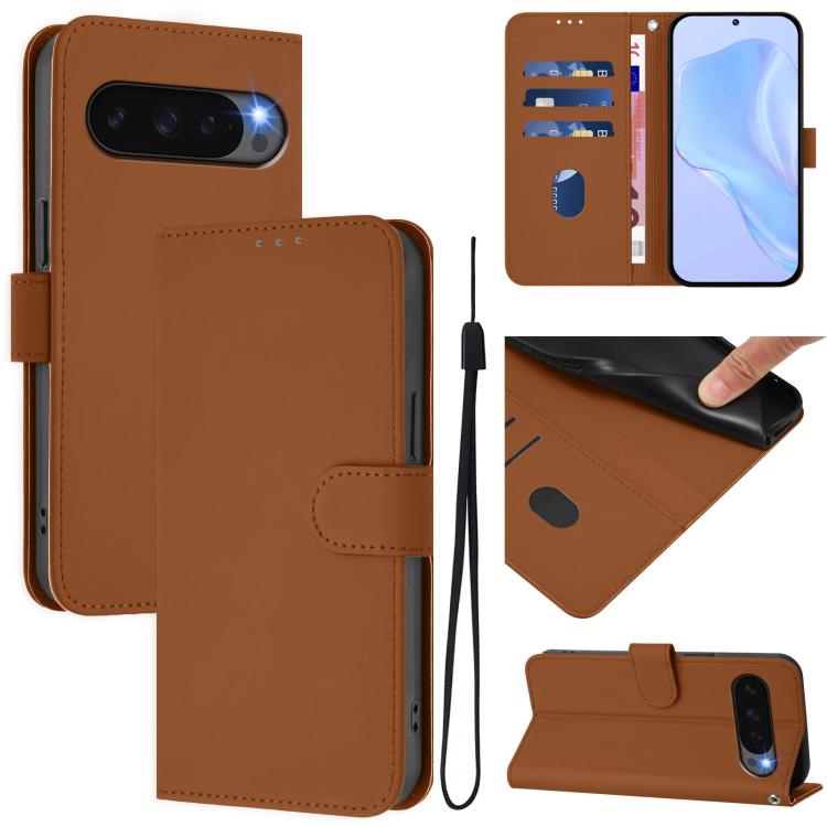 For Google Pixel 10 / 10 Pro Skin Feel Solid Color Leather Phone Case with Lanyard(Brown) - Google Cases by buy2fix | Online Shopping UK | buy2fix