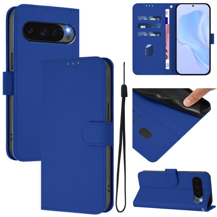 For Google Pixel 10 / 10 Pro Skin Feel Solid Color Leather Phone Case with Lanyard(Dark Blue) - Google Cases by buy2fix | Online Shopping UK | buy2fix