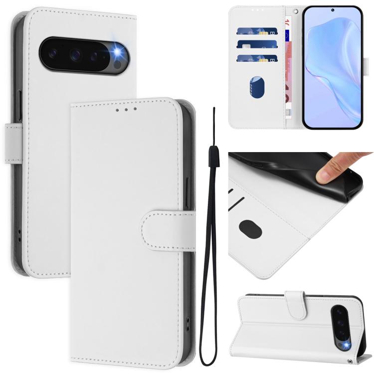 For Google Pixel 10 / 10 Pro Skin Feel Solid Color Leather Phone Case with Lanyard(White) - Google Cases by buy2fix | Online Shopping UK | buy2fix