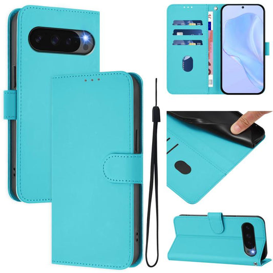 For Google Pixel 10 / 10 Pro Skin Feel Solid Color Leather Phone Case with Lanyard(Lake Blue) - Google Cases by buy2fix | Online Shopping UK | buy2fix