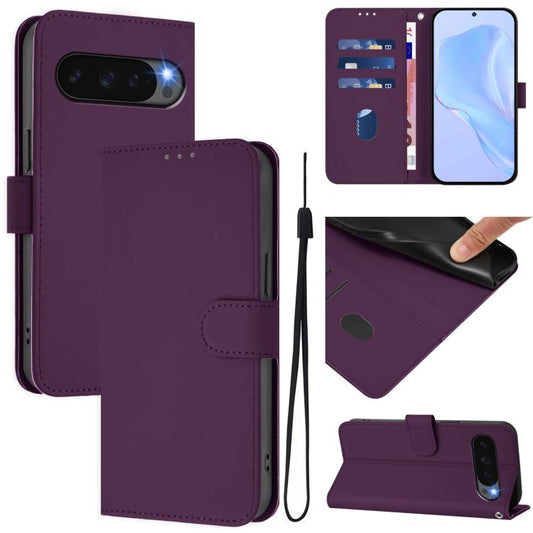 For Google Pixel 10 / 10 Pro Skin Feel Solid Color Leather Phone Case with Lanyard(Violet) - Google Cases by buy2fix | Online Shopping UK | buy2fix