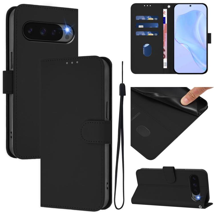For Google Pixel 10 Pro XL Skin Feel Solid Color Leather Phone Case with Lanyard(Black) - Google Cases by buy2fix | Online Shopping UK | buy2fix