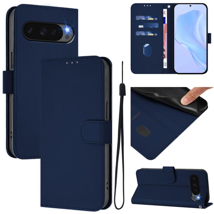 For Google Pixel 10 Pro XL Skin Feel Solid Color Leather Phone Case with Lanyard(Navy Blue) - Google Cases by buy2fix | Online Shopping UK | buy2fix