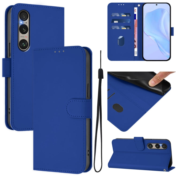 For Sony Xperia 1 VI 2024 Skin Feel Solid Color Leather Phone Case with Lanyard(Dark Blue) - Sony Cases by buy2fix | Online Shopping UK | buy2fix