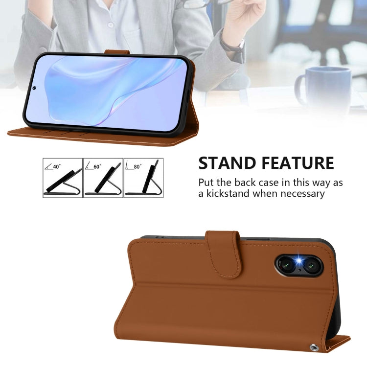 For Sony Xperia 5 VI 2024 Skin Feel Solid Color Leather Phone Case with Lanyard(Brown) - Sony Cases by buy2fix | Online Shopping UK | buy2fix