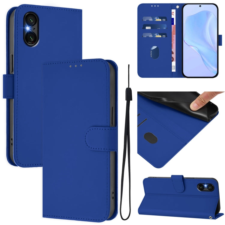 For Sony Xperia 5 VI 2024 Skin Feel Solid Color Leather Phone Case with Lanyard(Dark Blue) - Sony Cases by buy2fix | Online Shopping UK | buy2fix