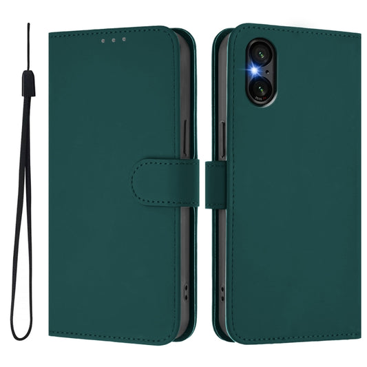 For Sony Xperia 5 VI 2024 Skin Feel Solid Color Leather Phone Case with Lanyard(Dark Green) by buy2fix