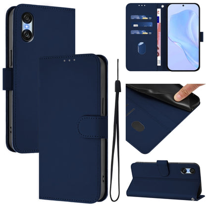 For Sony Xperia 10 VI 2024 Skin Feel Solid Color Leather Phone Case with Lanyard(Navy Blue) - Sony Cases by buy2fix | Online Shopping UK | buy2fix