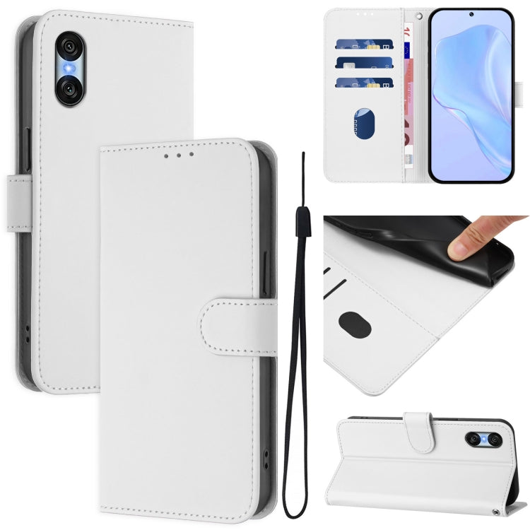 For Sony Xperia 10 VI 2024 Skin Feel Solid Color Leather Phone Case with Lanyard(White) - Sony Cases by buy2fix | Online Shopping UK | buy2fix