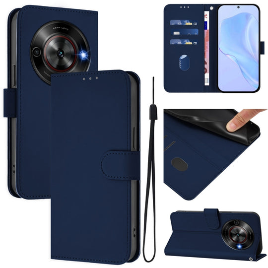 For ZTE Blade A75 5G Skin Feel Solid Color Leather Phone Case with Lanyard(Navy Blue)