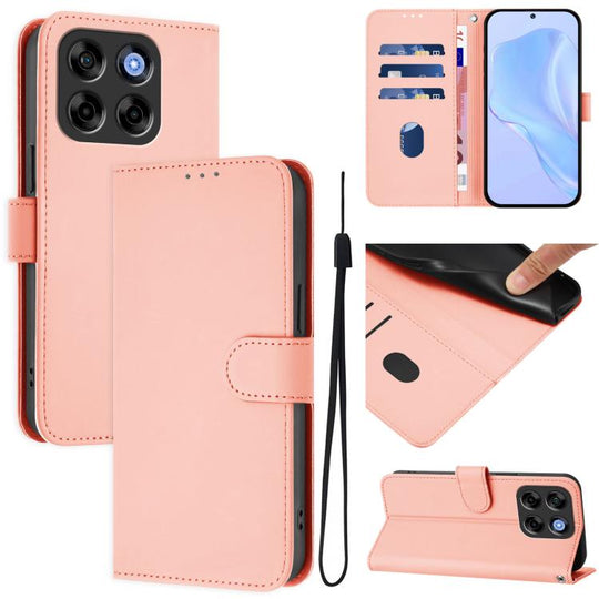 For ZTE Blade V70 Vita / V70 Design Skin Feel Solid Color Leather Phone Case with Lanyard(Pink)