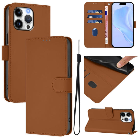 For iPhone 16 Pro Max Skin Feel Solid Color Leather Phone Case with Lanyard(Brown)