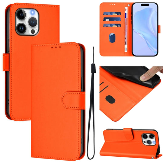 For iPhone 16 Pro Max Skin Feel Solid Color Leather Phone Case with Lanyard(Orange)
