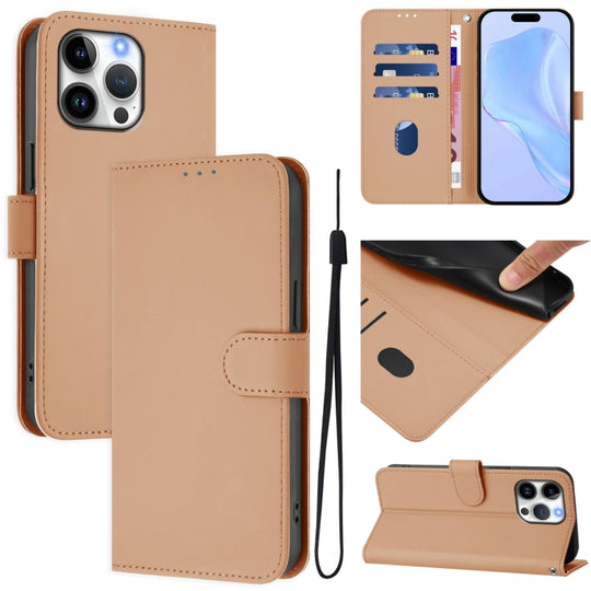 For iPhone 16 Pro Max Skin Feel Solid Color Leather Phone Case with Lanyard(Nude)