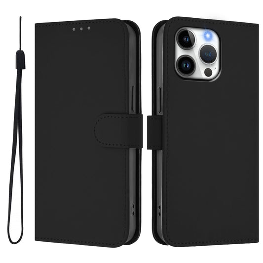 For iPhone 16 Pro Max Skin Feel Solid Color Leather Phone Case with Lanyard(Black) by buy2fix