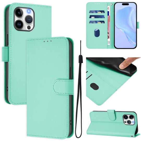 For iPhone 16 Pro Max Skin Feel Solid Color Leather Phone Case with Lanyard(Mint Green)