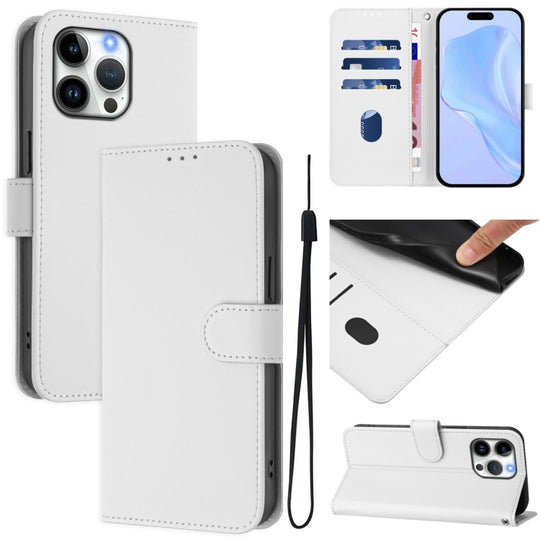 For iPhone 16 Pro Max Skin Feel Solid Color Leather Phone Case with Lanyard(White)