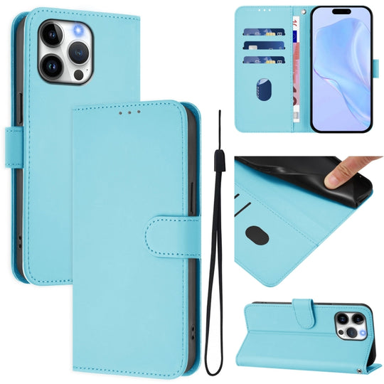 For iPhone 16 Pro Max Skin Feel Solid Color Leather Phone Case with Lanyard(Sky Blue)
