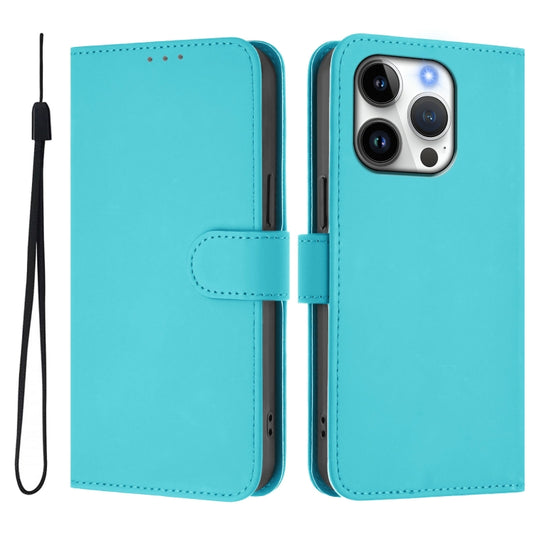 For iPhone 16 Pro Skin Feel Solid Color Leather Phone Case with Lanyard(Lake Blue) by buy2fix