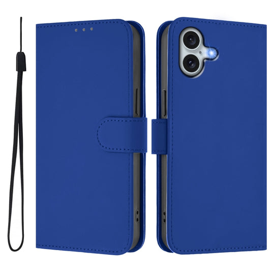 For iPhone 16 Plus Skin Feel Solid Color Leather Phone Case with Lanyard(Dark Blue) by buy2fix