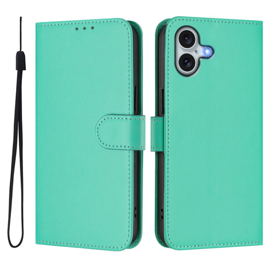 For iPhone 16 Plus Skin Feel Solid Color Leather Phone Case with Lanyard(Green) by buy2fix