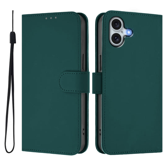 For iPhone 16 Plus Skin Feel Solid Color Leather Phone Case with Lanyard(Dark Green) by buy2fix
