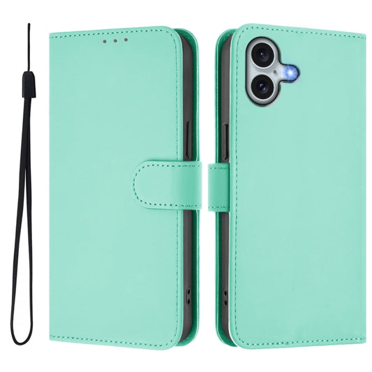 For iPhone 16 Plus Skin Feel Solid Color Leather Phone Case with Lanyard(Mint Green) by buy2fix
