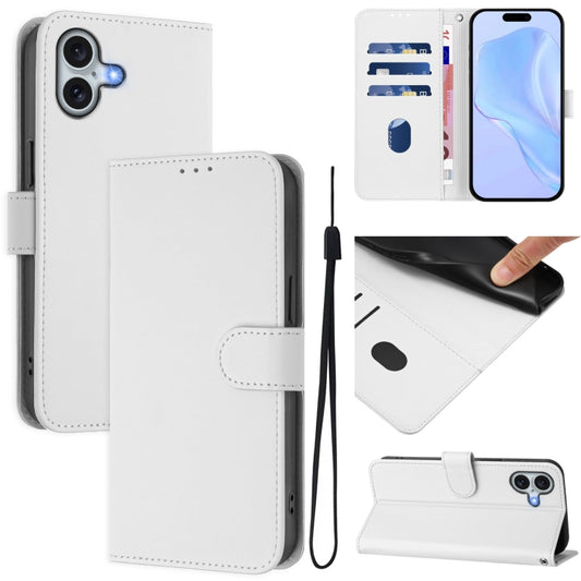 For iPhone 16 Plus Skin Feel Solid Color Leather Phone Case with Lanyard(White) by buy2fix