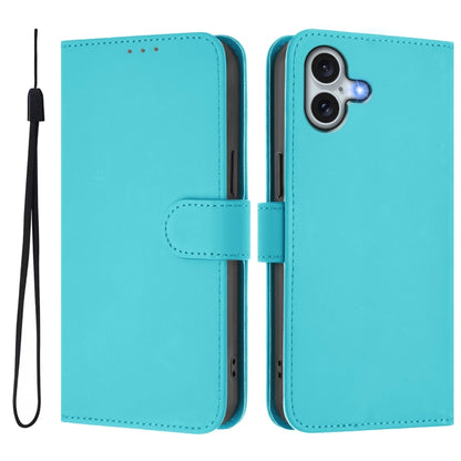 For iPhone 16 Plus Skin Feel Solid Color Leather Phone Case with Lanyard(Lake Blue) - iPhone 16 Plus Cases by buy2fix | Online Shopping UK | buy2fix