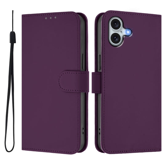 For iPhone 16 Plus Skin Feel Solid Color Leather Phone Case with Lanyard(Violet) by buy2fix