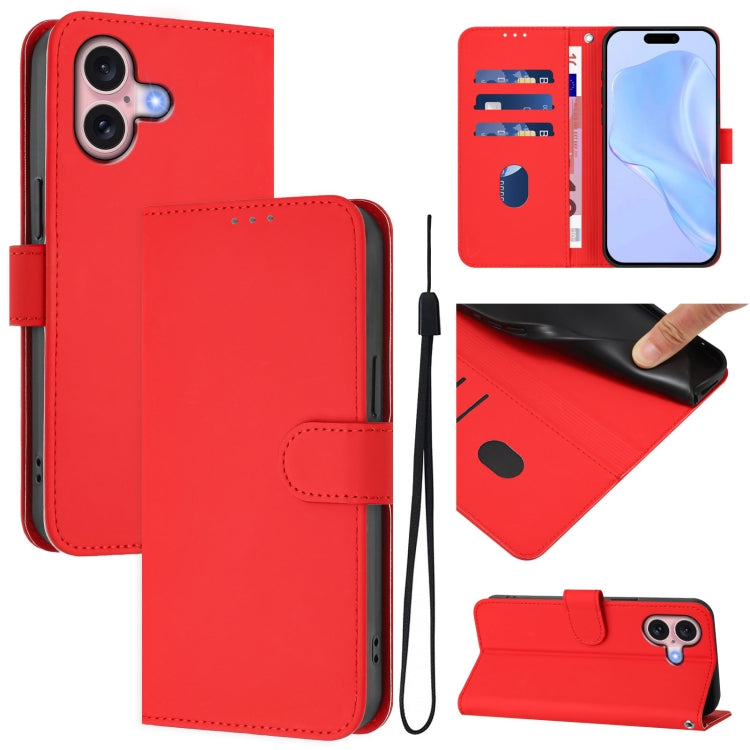 For iPhone 16 Skin Feel Solid Color Leather Phone Case with Lanyard(Red) - iPhone 16 Cases by buy2fix | Online Shopping UK | buy2fix