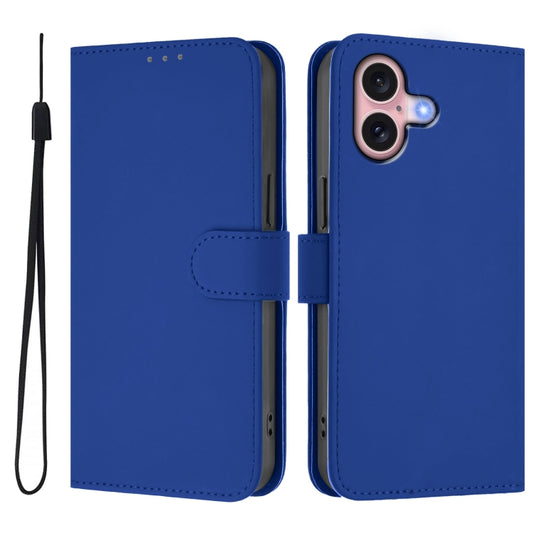 For iPhone 16 Skin Feel Solid Color Leather Phone Case with Lanyard(Dark Blue) by buy2fix