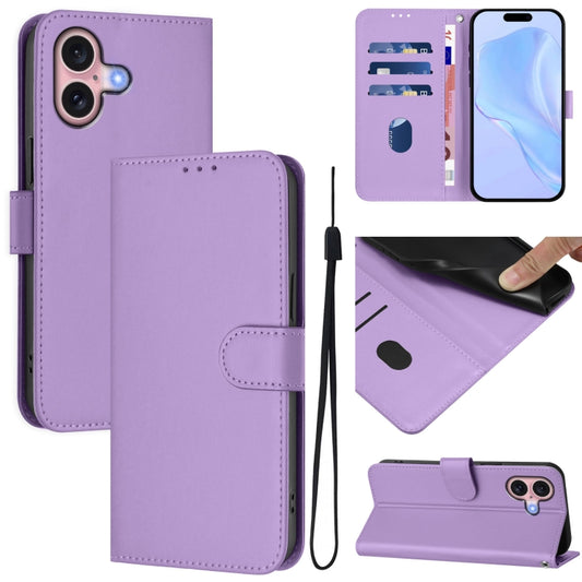 For iPhone 16 Skin Feel Solid Color Leather Phone Case with Lanyard(Lavender Purple) - iPhone 16 Cases by buy2fix | Online Shopping UK | buy2fix