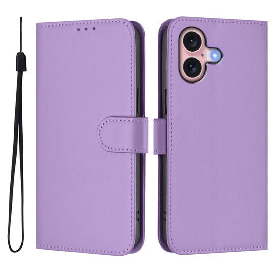 For iPhone 16 Skin Feel Solid Color Leather Phone Case with Lanyard(Lavender Purple) by buy2fix
