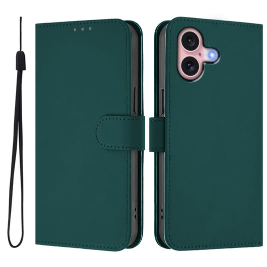 For iPhone 16 Skin Feel Solid Color Leather Phone Case with Lanyard(Dark Green) by buy2fix