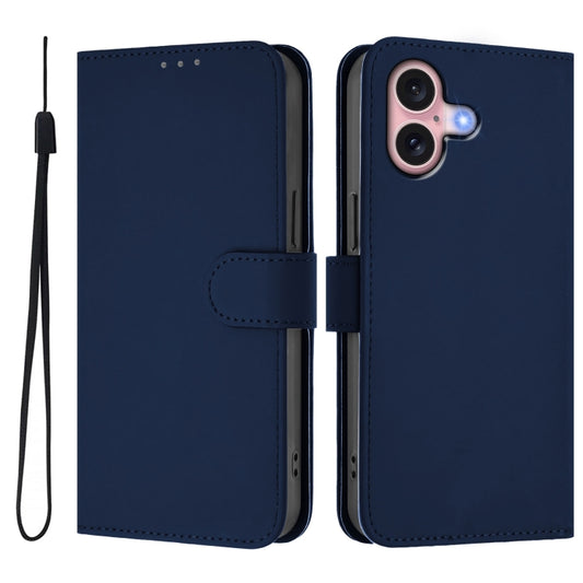 For iPhone 16 Skin Feel Solid Color Leather Phone Case with Lanyard(Navy Blue) by buy2fix