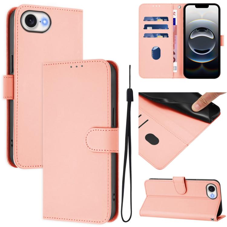 For iPhone 16e Skin Feel Solid Color Leather Phone Case with Lanyard(Pink) - iPhone 16e Cases by buy2fix | Online Shopping UK | buy2fix