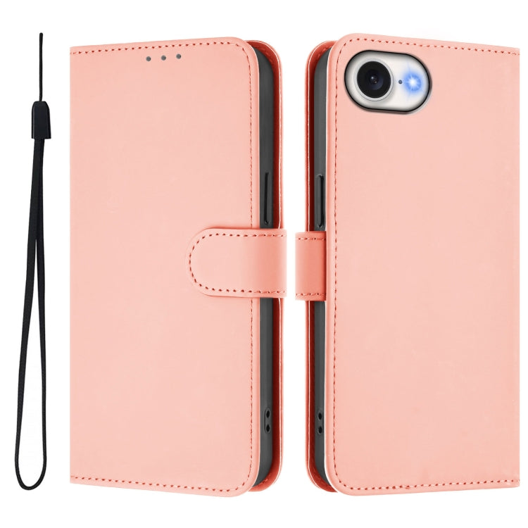 For iPhone 16e Skin Feel Solid Color Leather Phone Case with Lanyard(Pink) - iPhone 16e Cases by buy2fix | Online Shopping UK | buy2fix