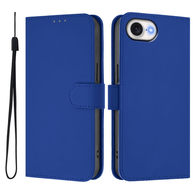 For iPhone 16e Skin Feel Solid Color Leather Phone Case with Lanyard(Dark Blue) - iPhone 16e Cases by buy2fix | Online Shopping UK | buy2fix