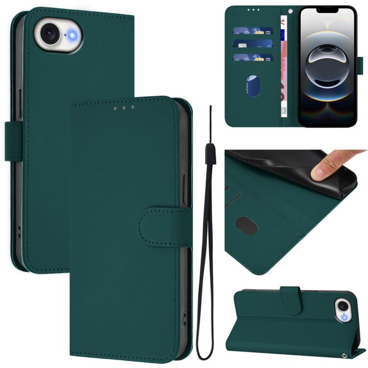For iPhone 16e Skin Feel Solid Color Leather Phone Case with Lanyard(Dark Green) - iPhone 16e Cases by buy2fix | Online Shopping UK | buy2fix